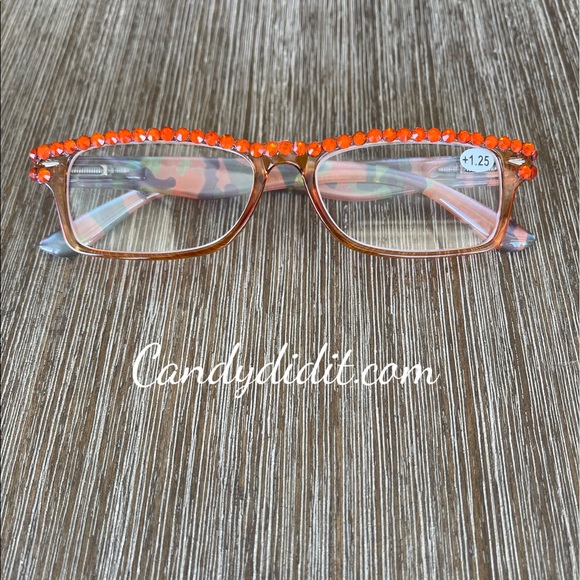 Translucent Orange Camo W/Orange Crystals Bling Reader Glasses With Case - Picture 2 of 11